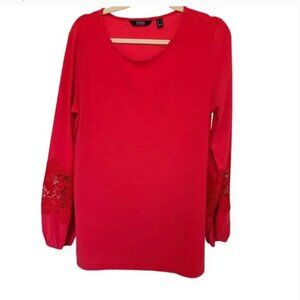 Dennis Basso Red Lace Sleeve Blouse | Medium | Festive Holiday & Office